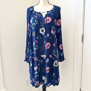 Old Navy Blue Floral Dress Midi Tie Neck Long Sleeve Boho Coquette Ruffled Sz L